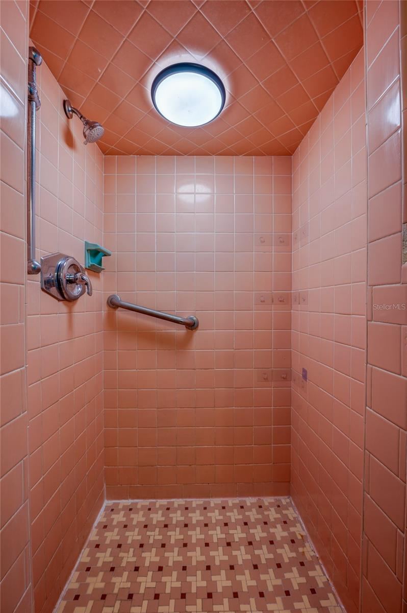 Photo 17 of 20: Dedicated walk-in shower stall accented with blush-pink wall tiles, a arched tile ceiling, and matching patterned mosaic floor tile. The space includes a handheld showerhead attachment and integrated wall grab bar.