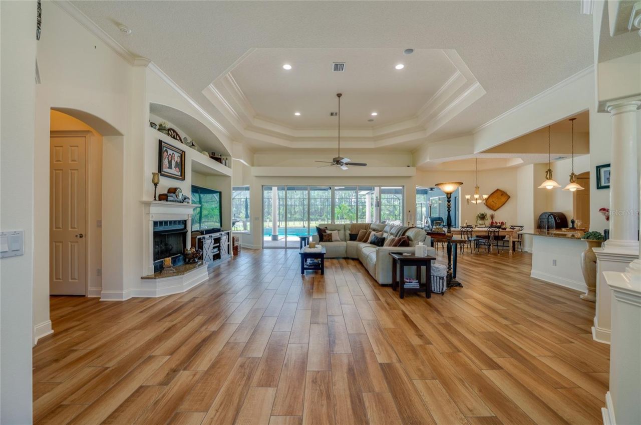 Photo 20 of 20: Grand, wide-open living layout framed by a focal fireplace, detailed tray ceiling, and seamless flow into adjacent dining and kitchen zones.