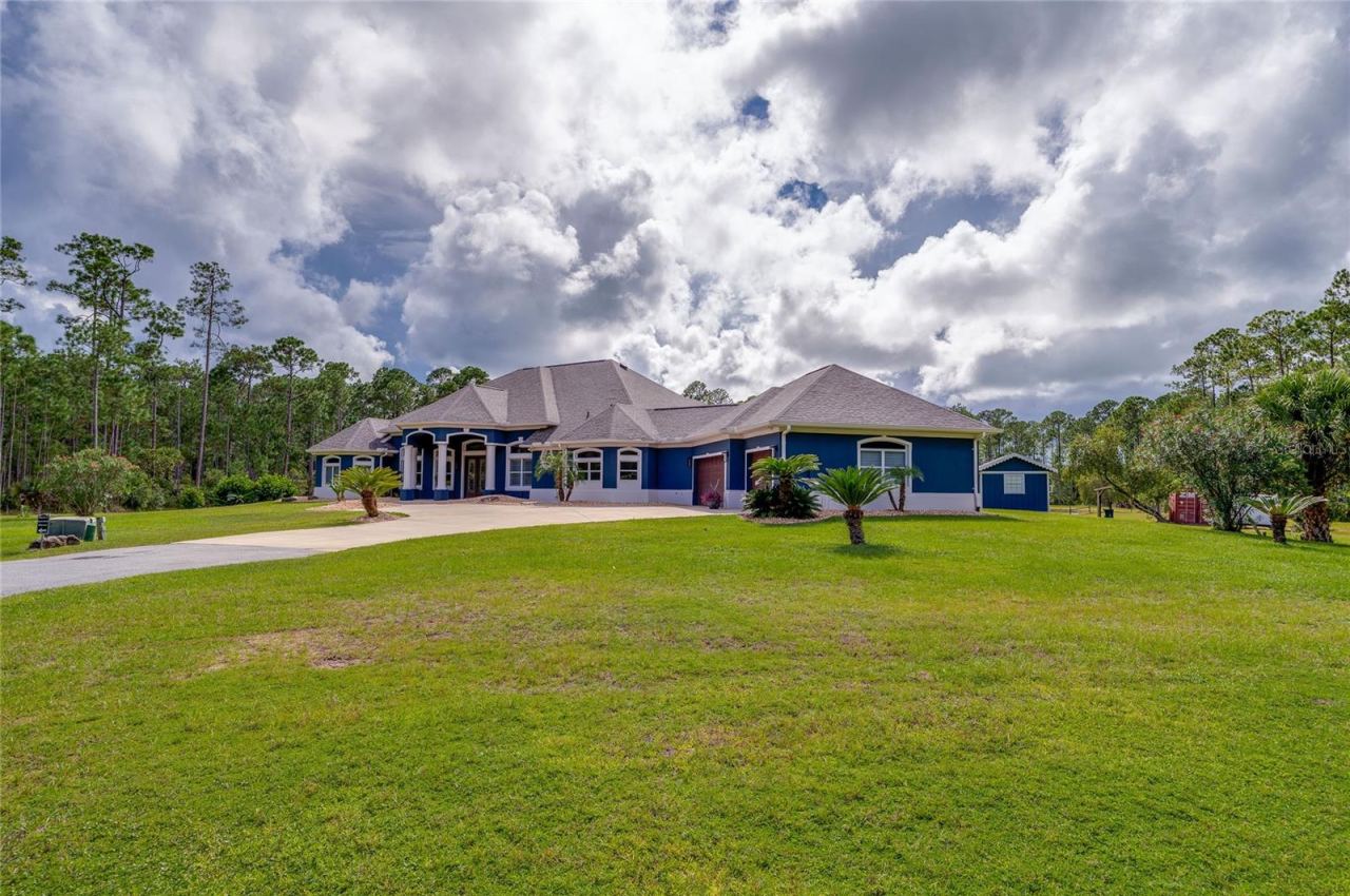 Photo 6 of 20: Spacious front view of a custom blue home featuring architectural white columns, an expansive driveway, and neatly landscaped palm trees set against a backdrop of mature woods.