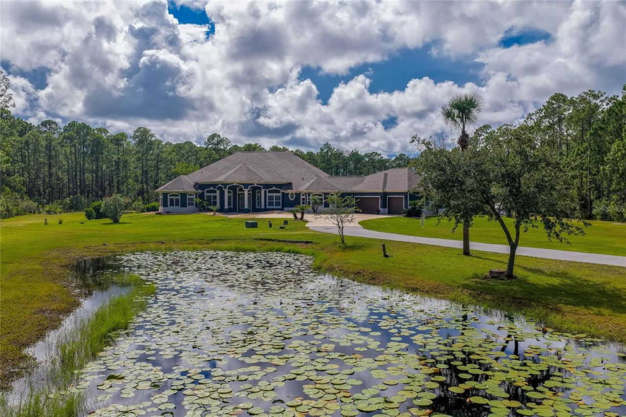 Photo 5 of 20: Foreground view of a lily-pad-covered pond looking toward a sprawling home framed by a paved driveway and mature pine trees.